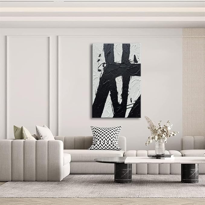 Hand Painted Black and White 24x36 Wall Art, Black and White Paintings Vertica Texture Abstract Wall Canvas Contemporary Art Minimalist Home Decorations Framed Artwork Wall
