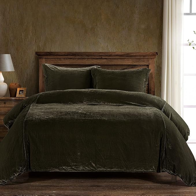 HiEnd Accents Stella Faux Silk Velvet 3 Piece Duvet Cover Set with 2 Pillow Shams, Queen, Fern Green, Romantic Western Modern Traditional Style Luxury Bedding, 1 Comforter and 2 Pillow Cases