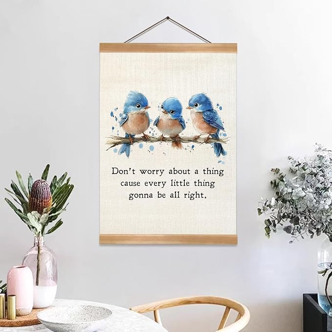 ZTGDA Inspirational Wall Hanging Canvas Art Poster, Every Little Thing Is Gonna Be All Right,Cute Positive Watercolor Birds Wall Art for Home and Office Decor,Best Birthday, Graduation Gift
