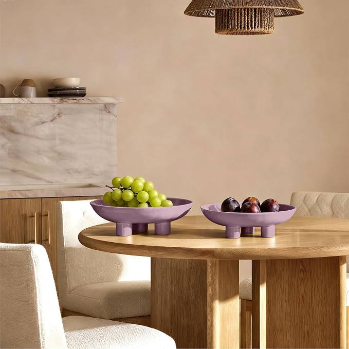 Three-Leg Ceramic Fruit Bowl, 10 Inch Oval Serving Dish for Kitchen Counter, Candy or Key Holder, Home Decor Accent Purple