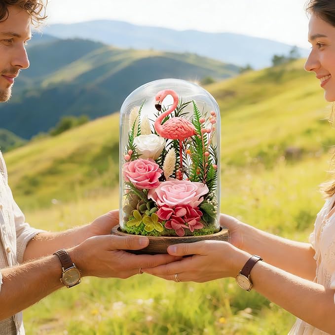 Eternal Flowers with Flamingo-Big Flower Big Love-Valentines Day Gifts for Her Mom Wife - Forever Flower in Glass Dome-Flowers for Delivery Prime | for Anniversary Birthday Mothers Day (Pink)