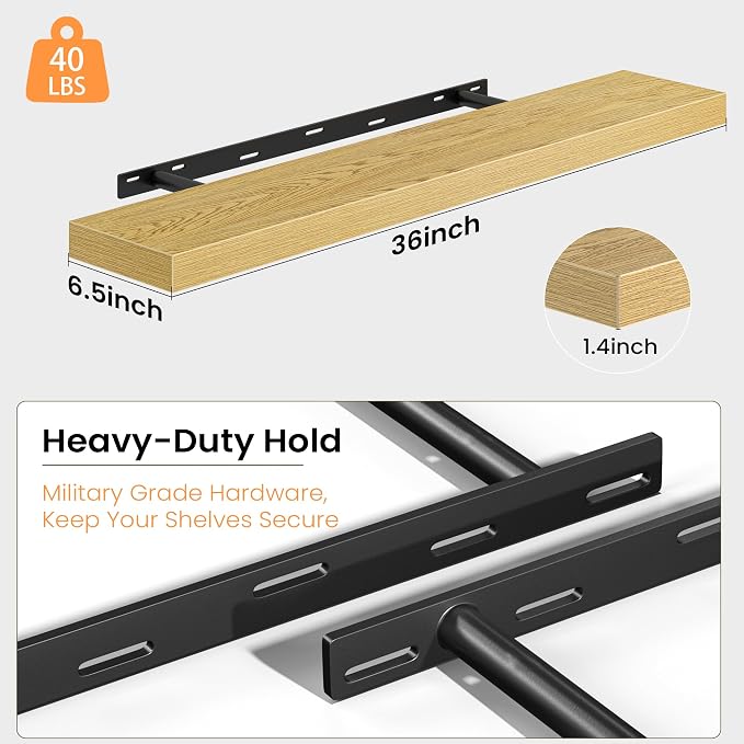 Fun Memories Floating Shelves for Wall, 36 Inch Long Set of 2 Rustic Wood Wall Shelves with Invisible Brackets, Heavy Duty Storage Display for Living Room Bedroom Kitchen, Oak