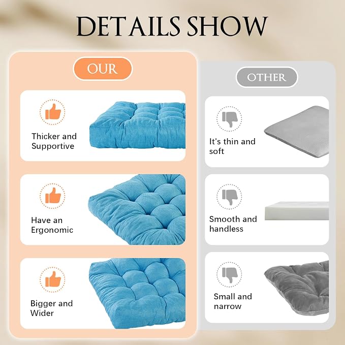 Meditation Floor Cushions, Thickened Floor Pillow for Adults, Large Square Pillows Seat Cushion for Tatami Living Room Yoga, Memory Sponge Block Added, 22x22 Inch, Light Blue