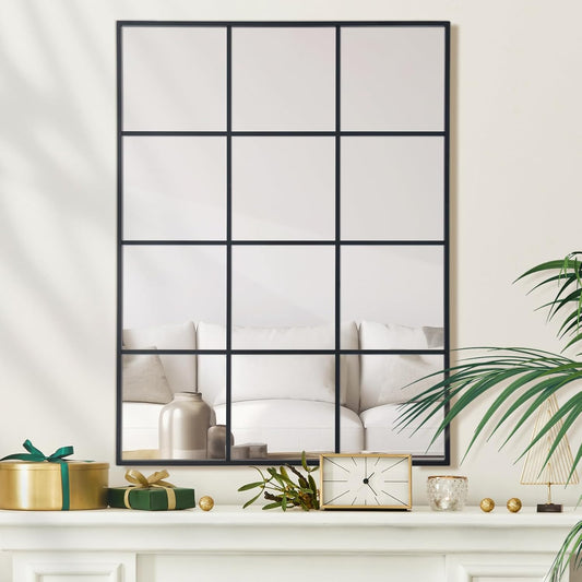 Windowpane Wall Mirror 30"x40" Black Wall Mounted Art Pane Mirror Farmhouse Decorative Mirror Leaning Hanging Wall Mirror for Bedroom Living Room Entryway Hallway Wall Decor
