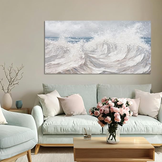 ZUNARE Abstract Ocean Wave Wall Art Blue Sea Canvas Painting with Gray Sky and Textured White Brown Waves, Moody Seascape Artwork for Living Room Bedroom Kitchen Office 24"x48"