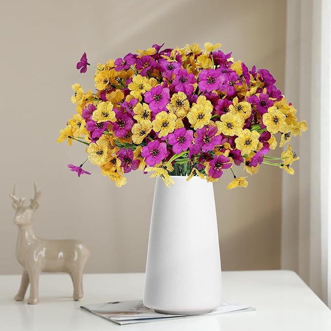 Geegoods Artificial Mums Flowers for Outdoors, 16 Bundles UV Resistant Fake Plastic Purple and Yellow Flowers for Patio Porch Spring Summer Decor