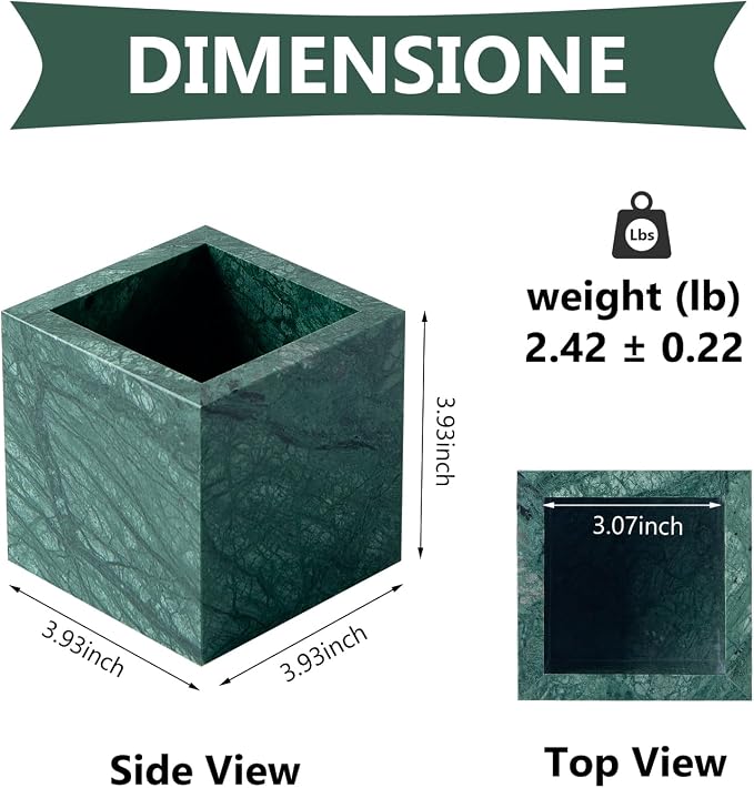 Real Luxurious Natural Marble Toothbrush Holder & Makeup Brush Organizer & Pen Holder for Desk,3.93inch Square Marble Utensil Holder Non-Ceramic/Non-Resin （Green）