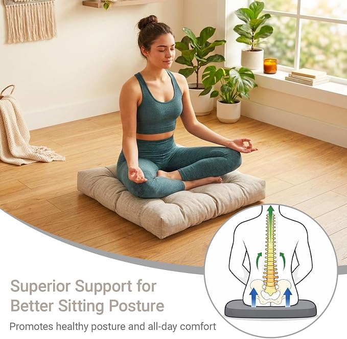 Large Square Floor Cushions Set of 2, 22 x 22 Inch with Non-Slip Bottom, Memory Foam Floor Pillow for Sitting, Meditation & Yoga, Soft Supportive Floor Seating Cushion for Adults & Kids (2, Oatmeal)