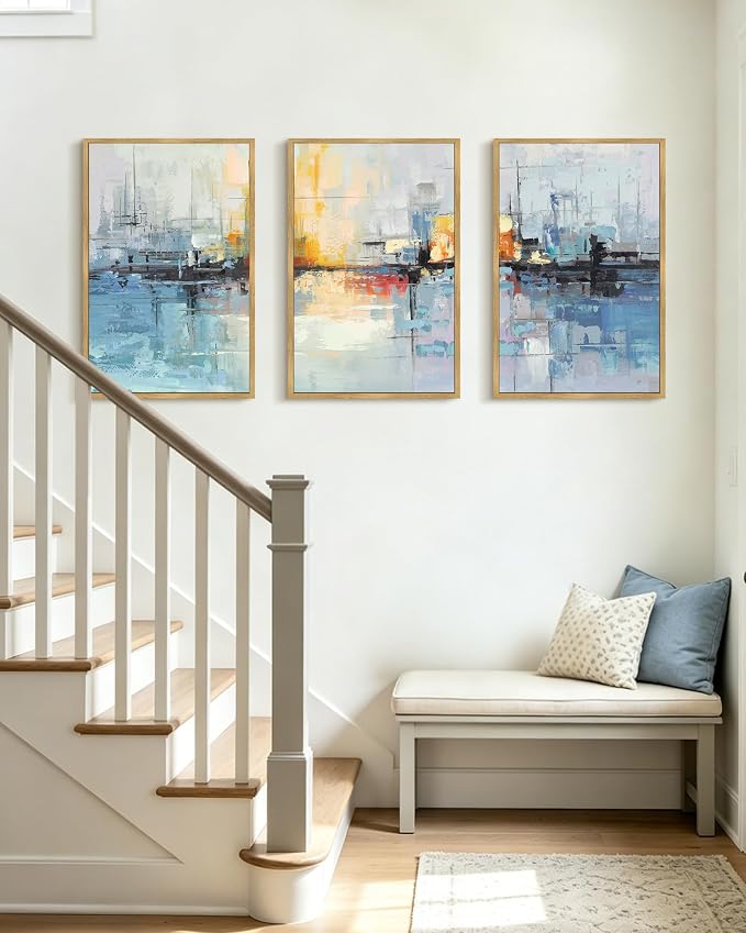 PHOPAGO Navy Blue Abstract Landscape Framed Wall Art Large 16x24in Graffiti Colorful Shape Wall Decor Modern Art Paints Laundry Living Room Decor - Natural Framed