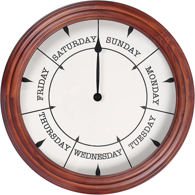 Day of The Week Clock 14Inch Retirement Wall Clock with Wood Frame Day Wall Clock for Men Women (Dark Reddish Brown)