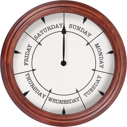 Day of The Week Clock 14Inch Retirement Wall Clock with Wood Frame Day Wall Clock for Men Women (Dark Reddish Brown)