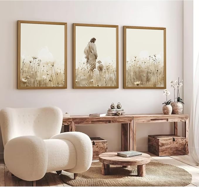 Jesus Leaves the 99 Sheep Wall Art Christian Canvas Poster Jesus and Lamb Wall Decor Religious Pictures Lost Sheep Painting God Christ Painting Artwork for Bedroom Living Room 24x36x3 Inch Wood Framed