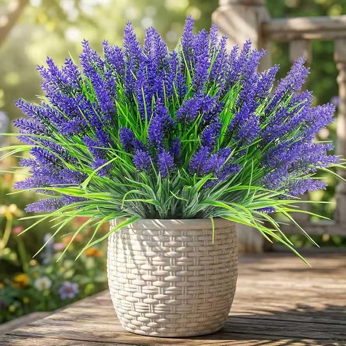 Rowfad 44 Pcs Artificial Outdoor Flowers Lavender Fake Greenery Plants UV Resistant Grass with Purple Flowers for Pot Decor for Window Garden Patio Hanging Planter Pathway Front Porch (44, Purple)