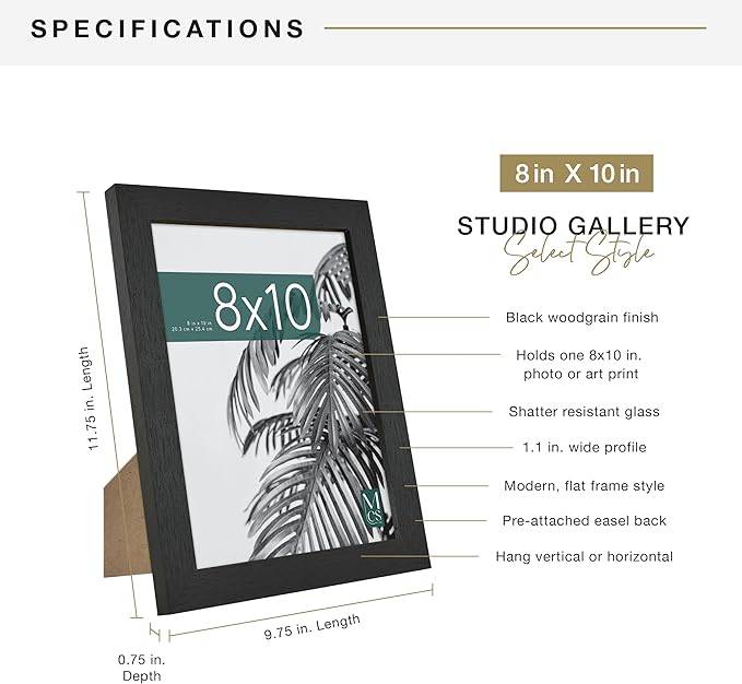 MCS Studio Gallery 8x10 Picture Frame Black Woodgrain Engineered Wood, Vertical & Horizontal Wall Hanging & Easel for Tapletop Display, Rectangle Photo Frame for Photos, Posters & Art Prints (1-Pack)