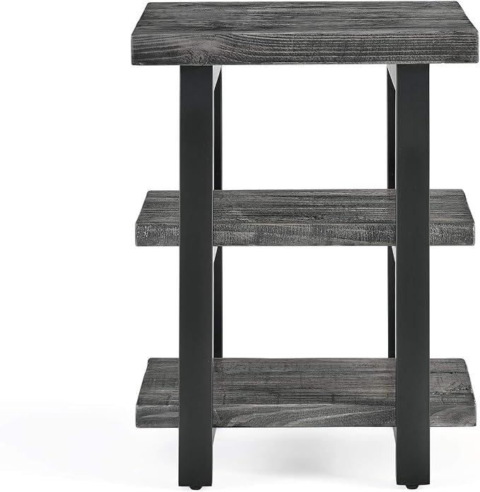 Alaterre Furniture Pomona Solid Wood 3-Tier End Table, Slate Grey, 20” | Small Side Table or Nightstand with Storage Shelf and Metal Legs, Rustic Farmhouse Chair Side Table for Living Room & Bedroom