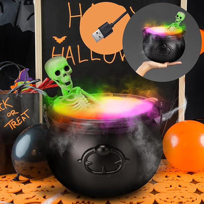 Halloween Decorations Indoor - Witch Cauldron with LED Fog Maker & Poseable Skeleton - Spooky Hocus Pocus Party Decor for Home, Table, Mantel, Kitchen - Vintage Magic Brew Cauldron Set