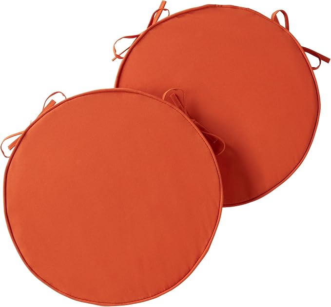 Set of 2 Outdoor 18 inch Round Patio Dining Chair Pads – Comfortable Fiber-Filled Seat Cushions with Ties, Reversible Polyester Fabric, Rust