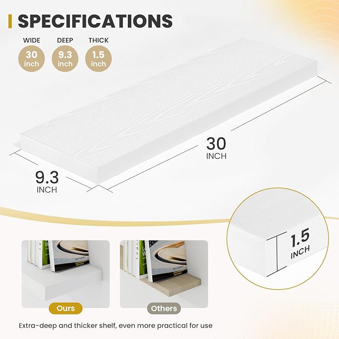 Acovy 30 Inch Floating Shelves, 9.3" Deep Floating Shelf Wall Mounted, 30" Wall Shelves, Rustic Deep Bookshelf, Large Display Shelves & Storage Shelves for Bedroom, Living Room, White, Set of 2