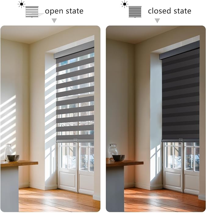 AOSKY Custom Cordless Zebra Blinds for Windows Pull Down Roller Window Shades Dual Layer Light Filtering Privacy for Day and Night, Free-Stop Door Shades for Home Grey