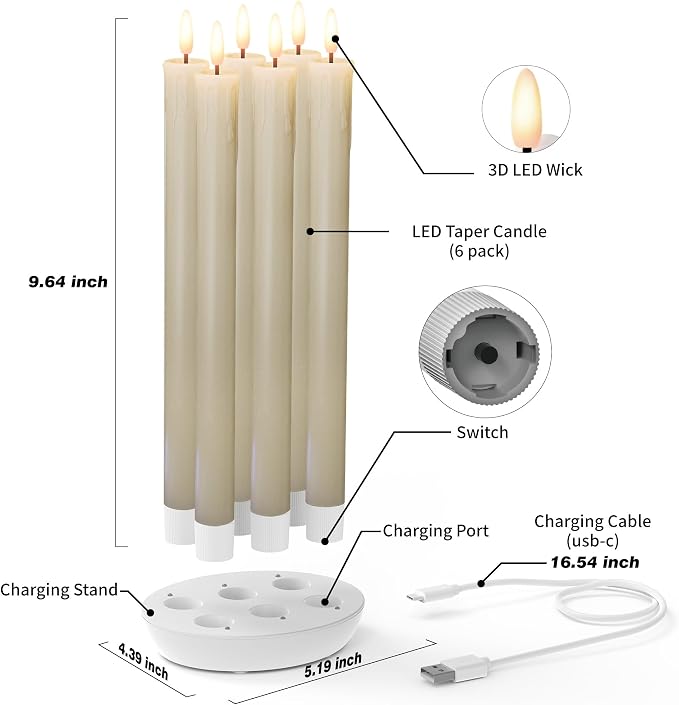 Rechargeable Flameless Taper Candles with Remote, Charging Station, 6 Pcs | 0.78x9.6" Ivory wax LED tapers, 3D flicker, USB-C charging base, up to 160-hour runtime for Home Wedding Christmas Decor