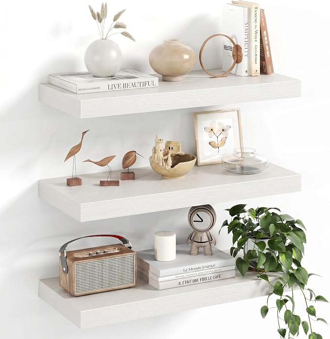 Fun Memories Floating Shelves, 20 Inch Floating Shelves, Wall Mounted Rustic Wood Shelf for Bathroom, Living Room, Bedroom and Kitchen, Hanging Shelf for Storage, Books, Home Decor, White - Set of 3