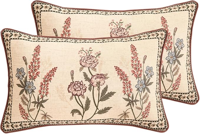 ISAENNE Designer Linen Throw Pillow Cover,Set of 2,20"x12"-Helena C | Elegant French Rectangle Pillow Cover,Concealed Zipper Design,Floral Pattern,Sofas,Bedroom,Living Room,Lounge Chairs