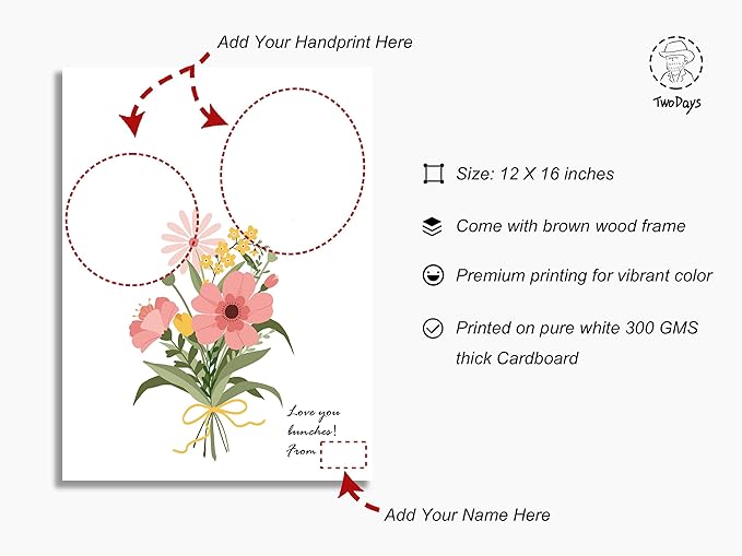 TwoDays Flower Bouquet Handprint Art Craft DIY Kit, Unique Gifts for Mom from Daughter or Son for Mother's Day Birthday Christmas, Gift for Grandma. (Floral-1, Brown)