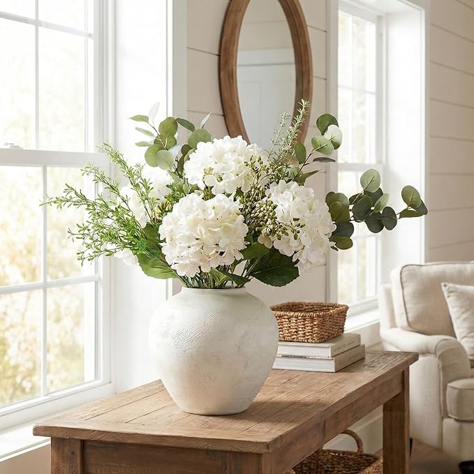 Faux Arrangement - Eucalyptus & White Hydrangea Flowers, Large Artificial Floral Greenery Centerpieces for Tables, Modern Farmhouse Decor for Dining Room, Kitchen & Coffee Table, 30 inches Tall