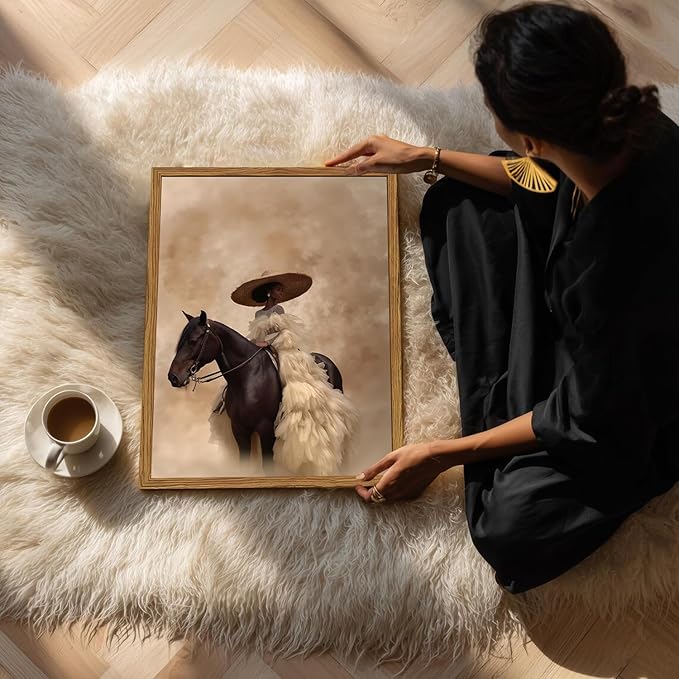 Framed Western Cowgirl Wall Art, Fashion Black Girl Riding Horse Canvas Wall Decor Painting, Black Woman African American Bride Pictures Prints Aesthetic Home Decor for Living Room Bedroom 12x16 inch