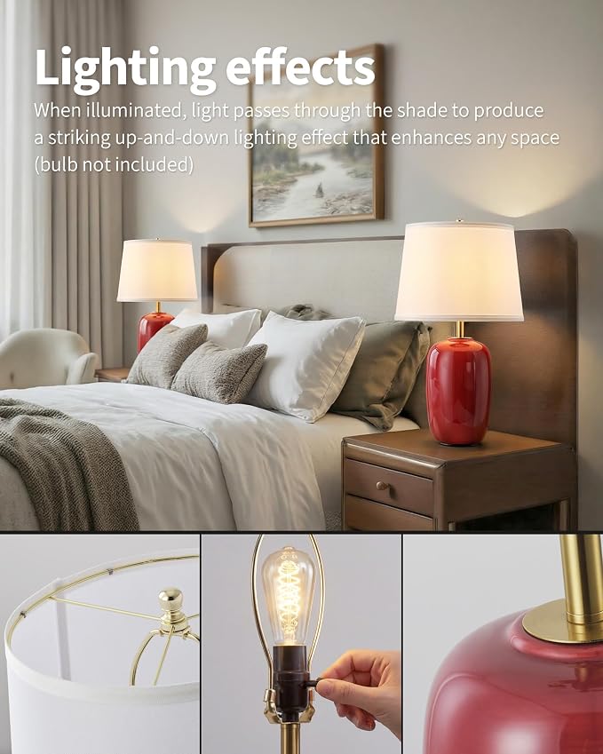 PUSU 22 Inch Red Ceramic Table Lamps Set of 2, Fabric Lampshade Living Room Office Desk lamp, E26 Socket Rotary Switch Lighting for Bedroom, Nightstand, Reading, Office, Study, Corner, Home Decor