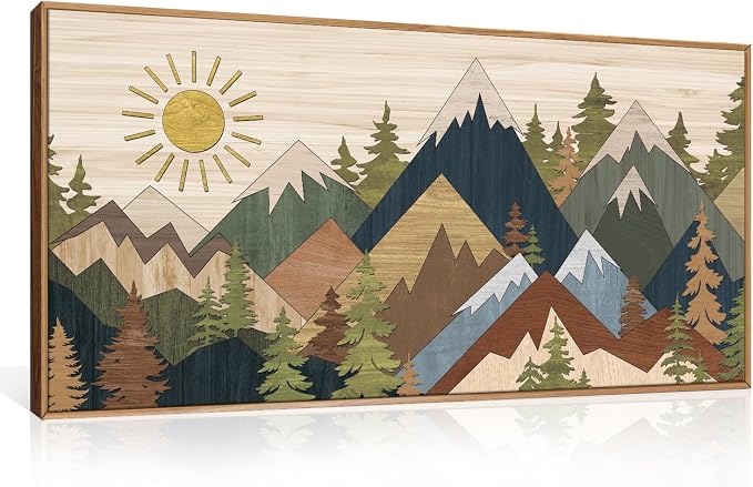 BICERE Large Abstract Mountain Woodcut Framed Canvas Wall Art,Vintage Pine Tree Wall Decor,Rustic Nature Forest Painting,Neutral Artwork for Living Room,Bedroom,Dining Room,Farmhouse - 20"x40"x1