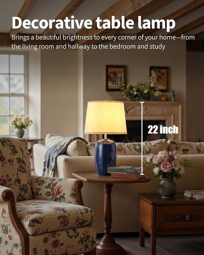 PUSU 22 Inch Blue Ceramic Table Lamps Set of 2, Fabric Lampshade Living Room Office Desk lamp, E26 Socket Rotary Switch Lighting for Bedroom, Nightstand, Reading, Office, Study, Corner, Home Decor