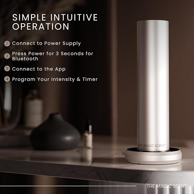 The Magic Scent Bluetooth Diffuser - Smart Ultra-Quiet Cold-Air Waterless Scent Diffuser for Home, Hotel, & Office - Programmable Intensity & Timer - Premium Aroma Oil Included (Silver)
