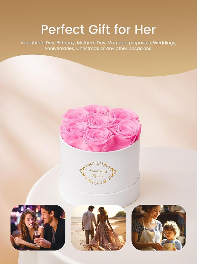 Beaulasting Long Lasting Preserved Roses in a Box Last a Year Forever Flowers for Her Mom Wife Anniversary Birthday (Round White Box, Light Pink)