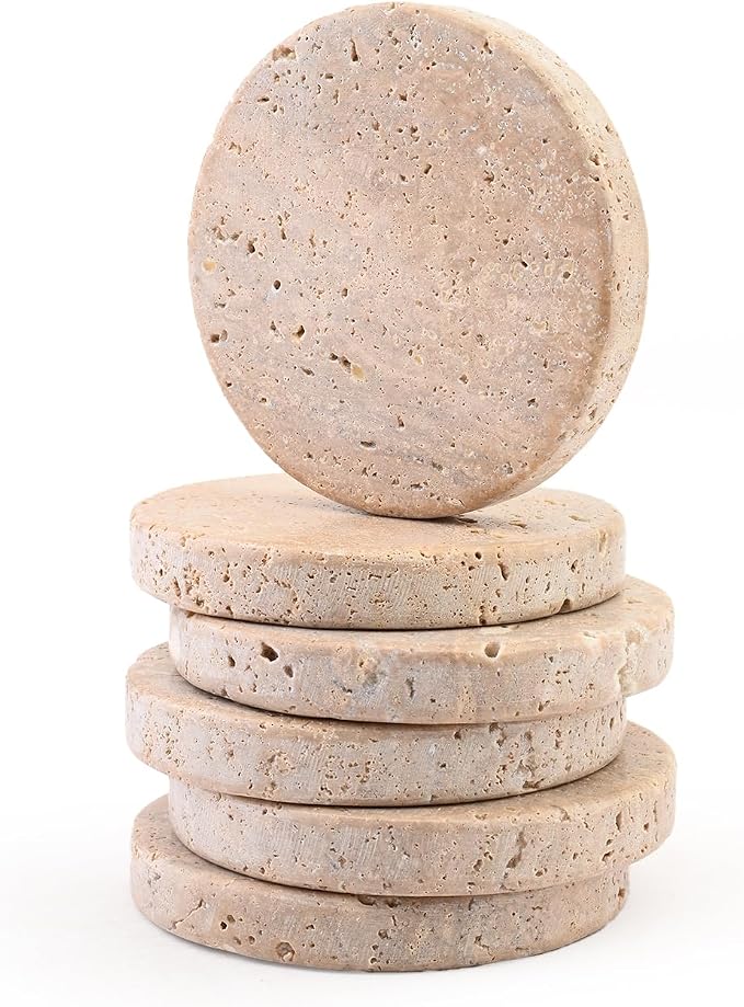 Perilla Home Handcrafted 4-4" Travertine Coaster – Set of 6 Round Coaster for Home, Kitchen or Office,Natural Absorbent Coasters for Hot & Cold Beverages Perfect Table Accessories for Modern Living
