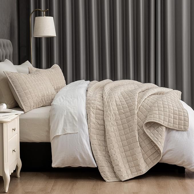 PHF Luxurious Velvet Quilt Set King Size – 3PCS Super Soft Quilted Comforter Alternative with Square-Box Quilt Pattern, Warm Quilted Bedspread Coverlet, 108" x 92", Oxford Tan