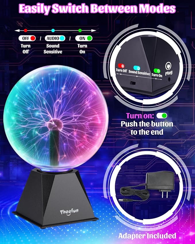 Theefun Plasma Ball, 8 Inch Huge Plasma Globe Birthday Gifts Touch & Sound Sensitive Ball Lamp Electric Lightning Novelty Light for Parties, Home, Prop, Room Decoration, Multicolor