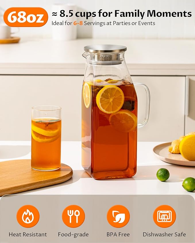 2-Pack 68oz Square Glass Water Pitcher with Lid – Borosilicate Carafes with Handle and Filter Lid for Hot & Cold Beverages, Iced Tea, Coffee, and Fridge Door Use