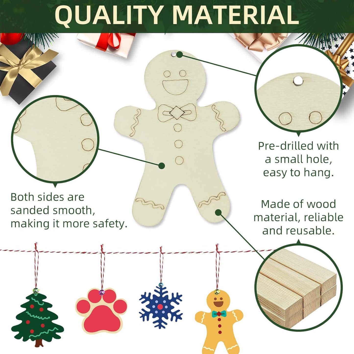 Wooden Christmas Ornaments, 176 PCS Unfinished Predrilled Wood Ornaments Set with 72 Blank Wood Slices in 9 Styles, 90 Bells and 12 Color Pens for Kids DIY Crafts and Christmas Hanging Decoration, B