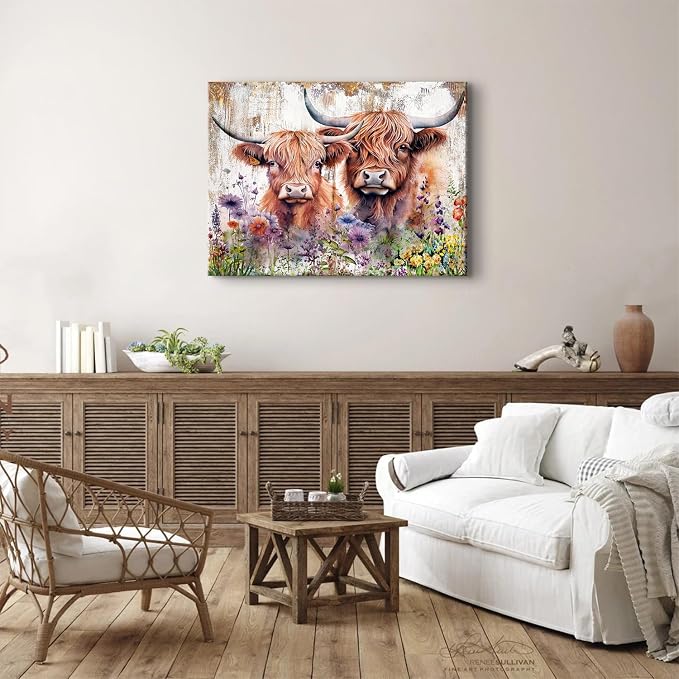 Farmhouse Highland Cow Wall Art Extra Large Flower Cow Pictures Wall Decor Western Animal Scottish Cattle Painting Canvas Prints Living Room Rustic Country Farm Artwork Bedroom Home Decorations 32x48"