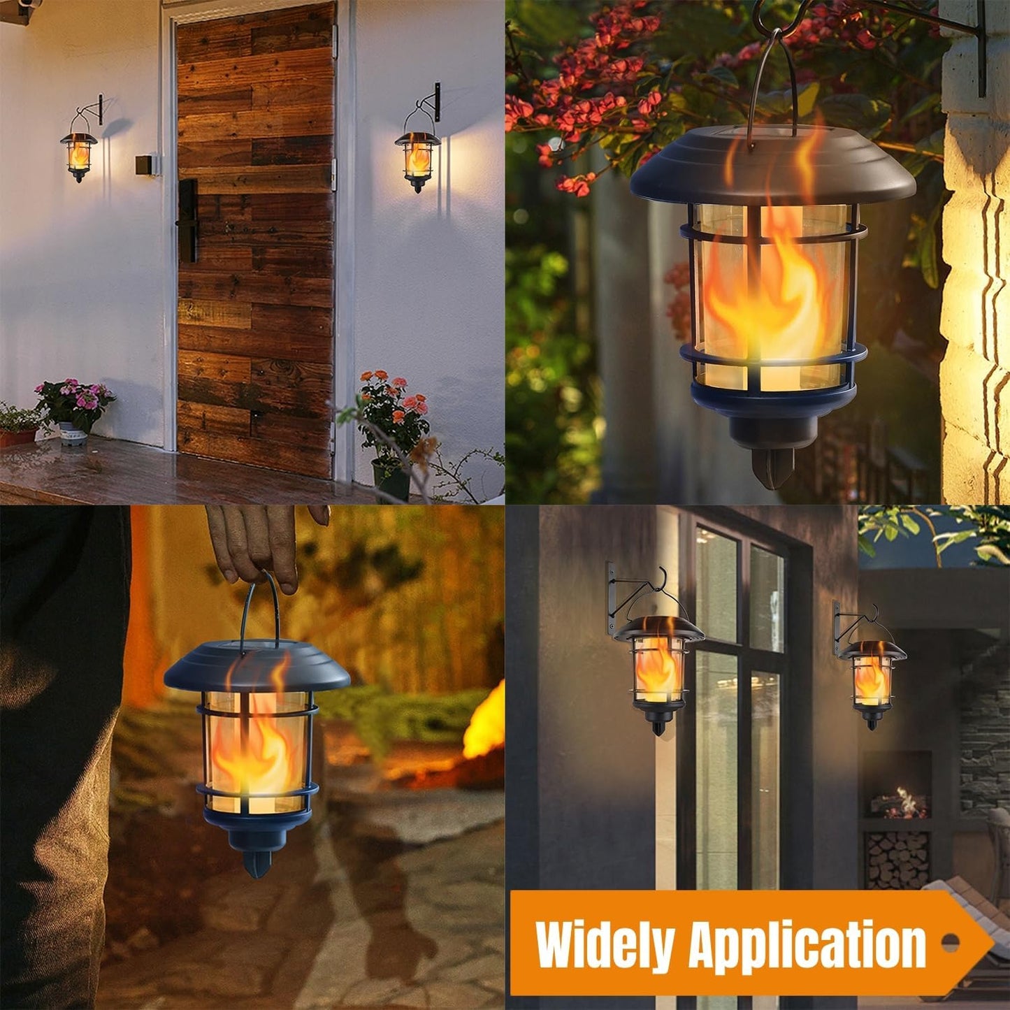 Dynaming 4 Pack Solar Flame Wall Lanterns Outdoor, Solar Powered Wall Mounted Sconce Lights, Flickering Flame LED Light Auto On/Off Hanging Lights, Waterproof for Garage Stair Patio Porch Yard