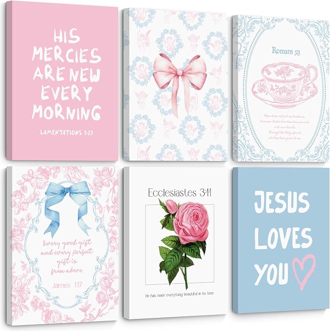 Christian Wall Art Decor Bible Verses Poster Girl Preppy Canvas Room Decor Pink Blue Scripture Wall Art Coquette Floral Bow Aesthetic Prints Trendy Artwork for Girl Bedroom 12x16x6 Inch Wrapped Canvas