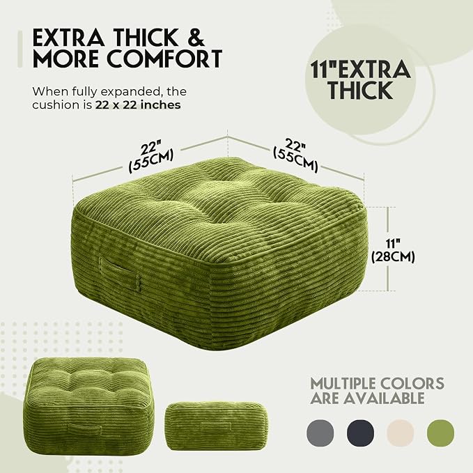 11" Thick Washable Floor Pillow for Adults, Yoga & Meditation Cushion with Handle, Square Large Pillows Seating with Removable Tufted Corduroy Cover for Tatami Living Room Board Games, Green