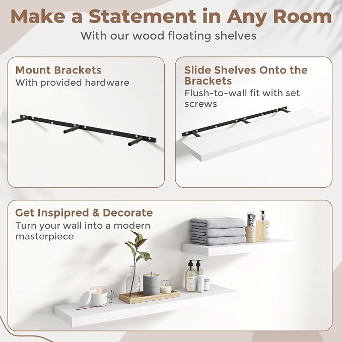 72 Inch Floating Shelves for Wall with Invisible Brackets Set of 2, 12"D Engineered Wood Wall Shelves with Wood Grain for Living Room, Bedroom, Bathroom, Kitchen Decor and Storage, White Finish