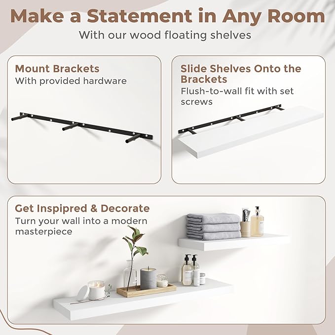 48 Inch Floating Shelves for Wall with Invisible Brackets Set of 2, 9"D Engineered Wood Wall Shelves with Wood Grain for Living Room, Bedroom, Bathroom, Kitchen Decor and Storage, White Finish