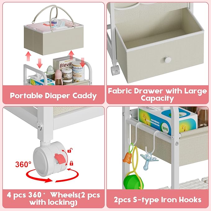 Cidaziya 2In1 Baby Diaper Caddy Organizer and Storage, 3 Tier Rolling Cart with Drawer, Mobile Utility Cart Baby Dresser Clothes Organizer for Crib, Art & Craft Storage, White, 17"W x 11.42"D x 33.5"H