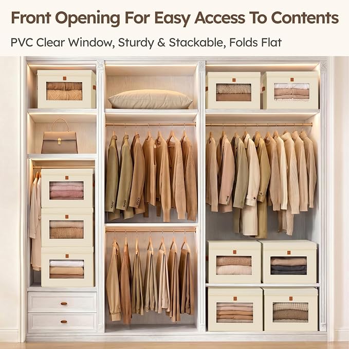 Homsorout Storage Bins with Lids - Front Opening Storage Box with Clear Window & Handles, Stackable Foldable Fabric Bins for Closet Organization, Clothes, Sweaters, Towels, Blankets, 3 Pack, Beige