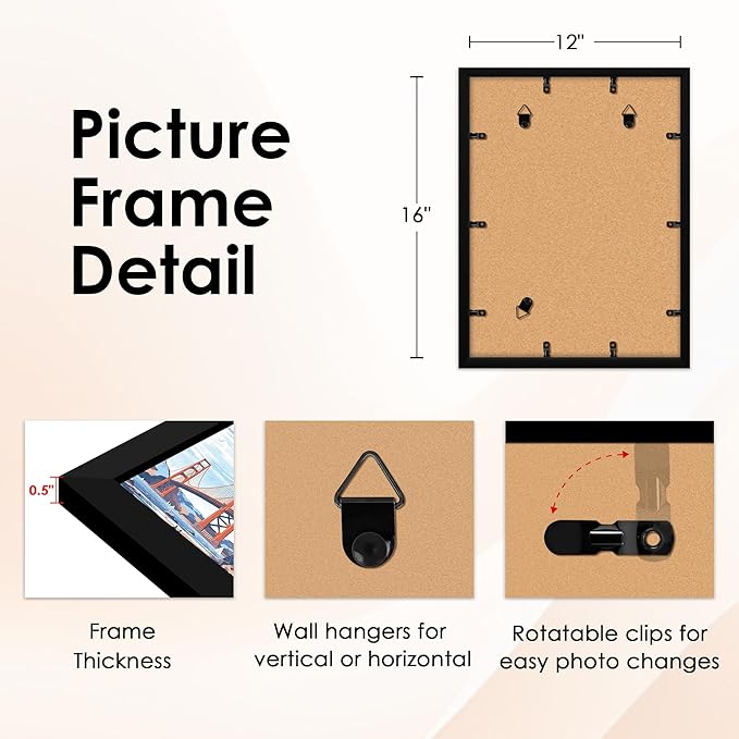 FIXSMITH 12x16 Picture Frame Set of 1, Photo Frame with HD Plexiglass, Display Pictures 8.5x11 with Mat or 12x16 Without Mat, Black Picture Frames Collage Wall Decor, Gallary Wall Frame