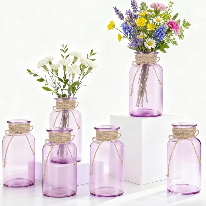Vintage Glass Flower Vase, Farmhouse Glass Centerpiece Vases Mason Jars for Weddings, Parties & Home Decor Bulk (6, Purple)