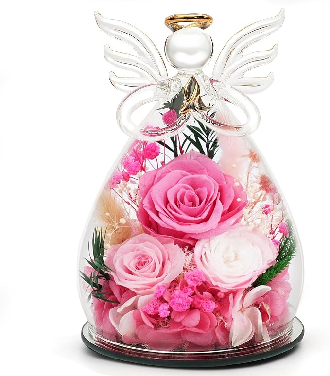 Pink Preserved Rose in Glass Angel, Sweet Birthday Gifts for Daughter Sister Girl Best Friend, Real Flower Friendship Mothers Day Presents
